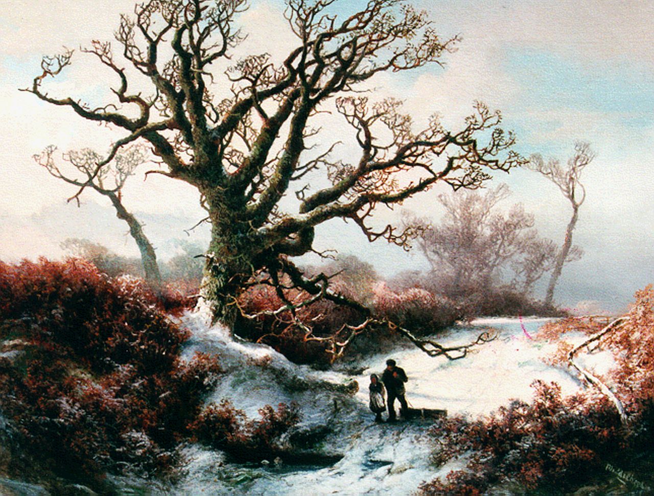 Marius Christiaan Middelbeek | A winter landscape with travellers at dusk, Öl auf Leinwand, 47,0 x 57,0 cm, signed l.r.