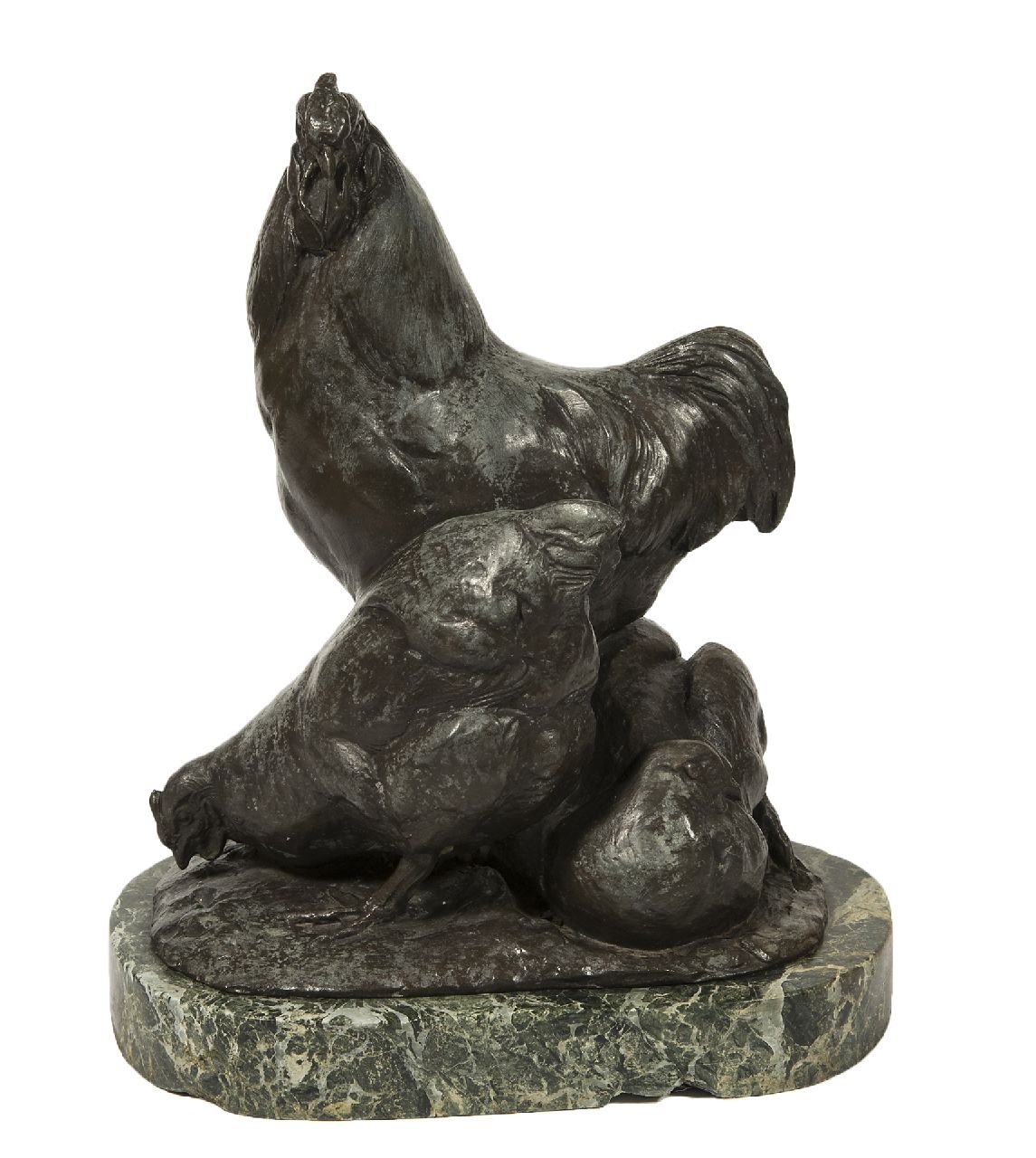 Pallenberg J.F.  | Josef Franz Pallenberg | Skulpturen und Objekte zum Verkauf angeboten | Hahn mit zwei Hühnern, Bronze 27,6 x 22,0 cm, Unterzeichnet auf der Basis