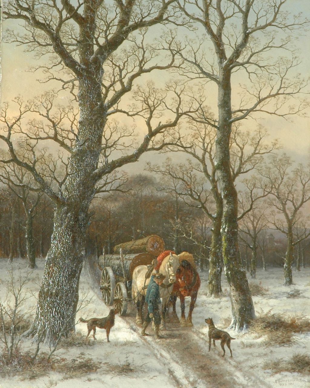 Bimmermann C.  | Caesar Bimmermann, Lumberman with wagon on a snowy path, Öl auf Leinwand 96,6 x 78,0 cm, signed l.r. und dated 'Dldf 1886'