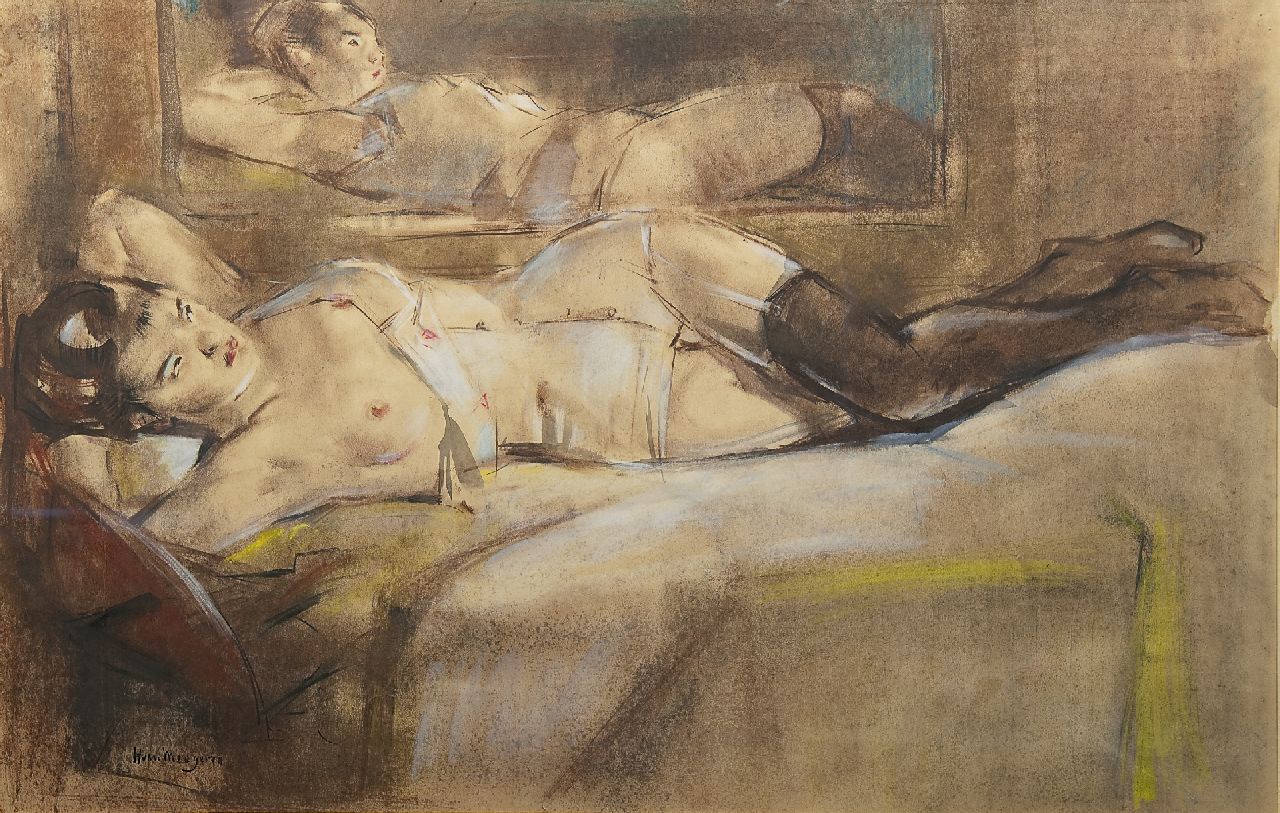 Meegeren H.A. van | Henricus Antonius 'Han' van Meegeren, Ruhender weiblicher Akt vor dem Spiegel, Pastell auf Papier 61,0 x 95,0 cm, Unterzeichnet l.u.
