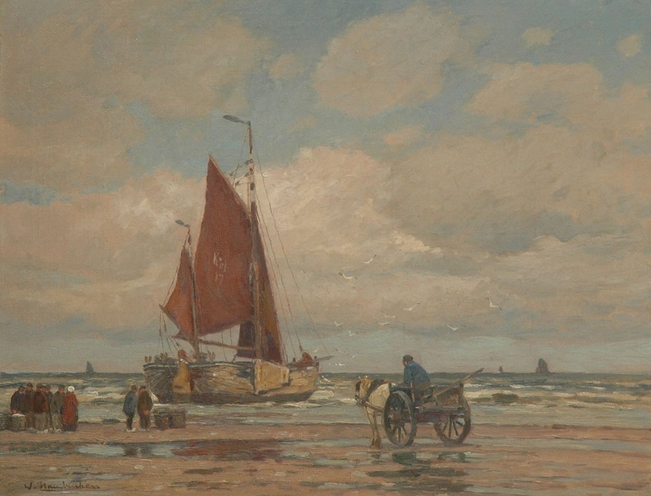Hambüchen W.  | Wilhelm Hambüchen, Moored fishing boat on the beach of Katwijk, Öl auf Leinwand 62,5 x 81,5 cm, signed l.l.