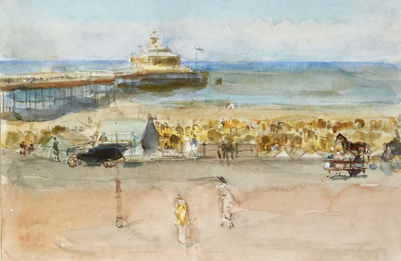 Israels I.L.  | 'Isaac' Lazarus Israels, Ein sonniger Tag auf der Strandpromenade von Scheveningen, Aquarell und Gouache auf Papier auf Holzfaserplatte 33,7 x 50,6 cm, zu datieren 1915-1919