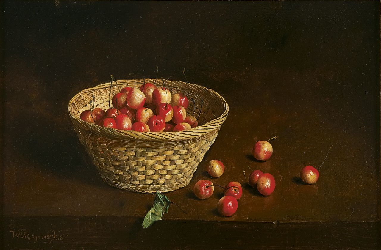 Dolphyn W.L.J.  | Willem Leo Jan Dolphyn, A still life with cherries in a basket, Öl auf Holz 29,4 x 44,3 cm, signed l.l. und executed 1985