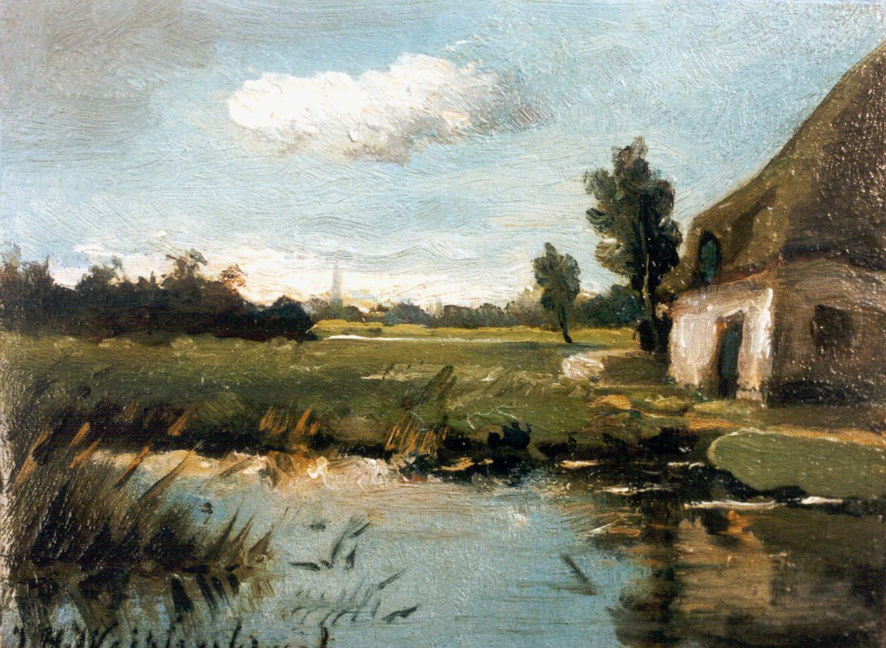 Weissenbruch H.J.  | Hendrik Johannes 'J.H.' Weissenbruch, A view of a pond by a farm, Öl auf Holz 7,0 x 9,2 cm, signed l.l.