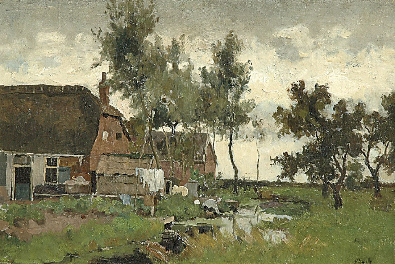Bauffe V.  | Victor Bauffe, Landscape with a washerwoman by a waterway, Öl auf Leinwand 33,7 x 49,6 cm, signed l.r.