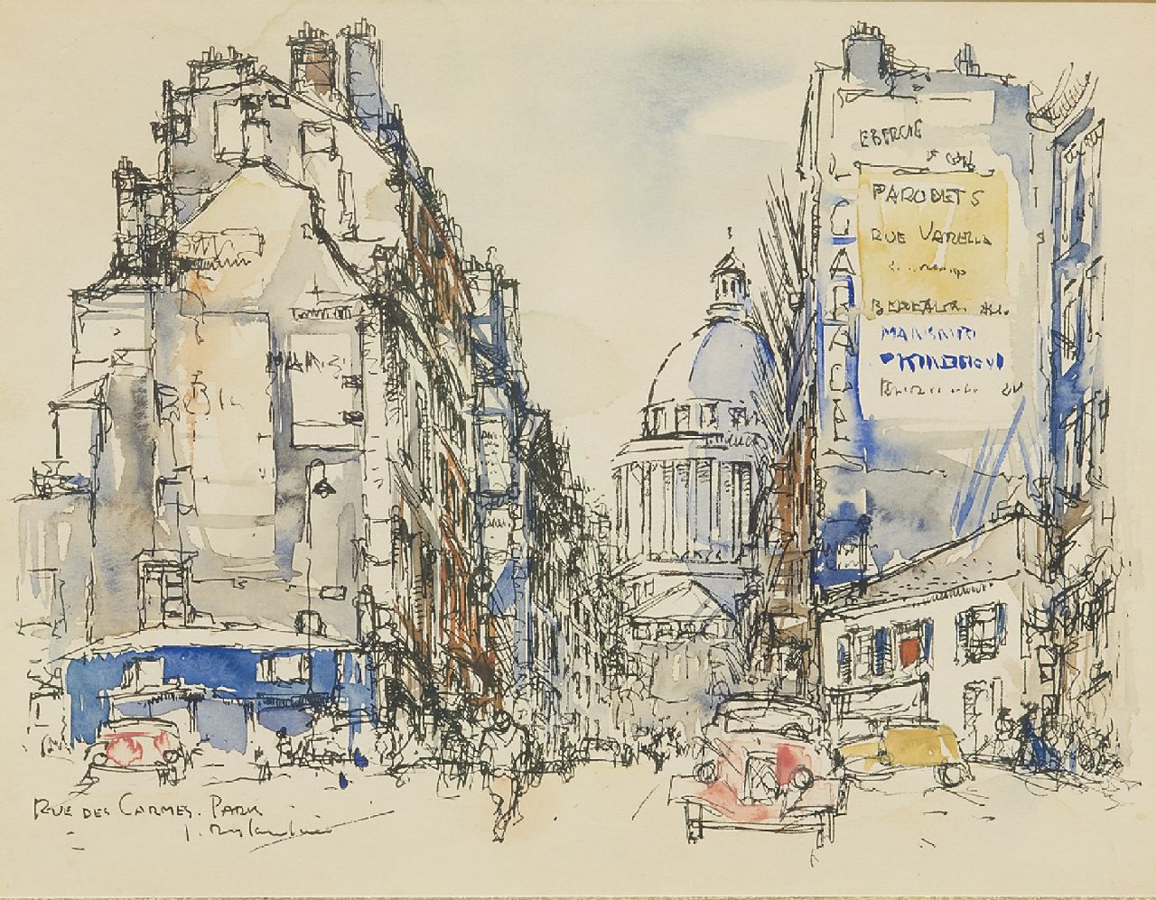 Rijlaarsdam J.  | Jan Rijlaarsdam, Die Rue des Carmes, Paris, mit einem Citroën Traction Avant, Feder, Tinte und Aquarell auf Papier 18,9 x 24,2 cm, Unterzeichnet l.u. und zu datieren Jahre '50