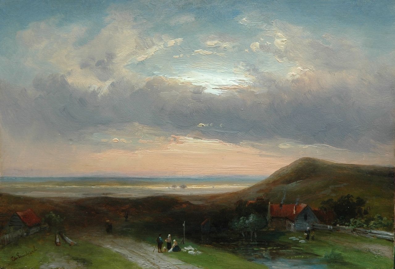 Leickert C.H.J.  | 'Charles' Henri Joseph Leickert, A summer evening in the dunes, Öl auf Holz 23,7 x 33,0 cm, signed l.l.