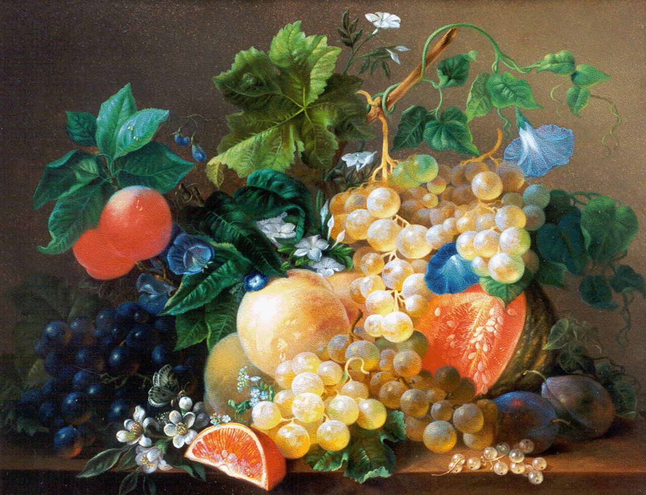 Singendonck D.J.  | Diederik Jan Singendonck, A still life with grapes, oranges and flowers on a marble ledge, Öl auf Holz 35,5 x 46,3 cm, signed l.l.