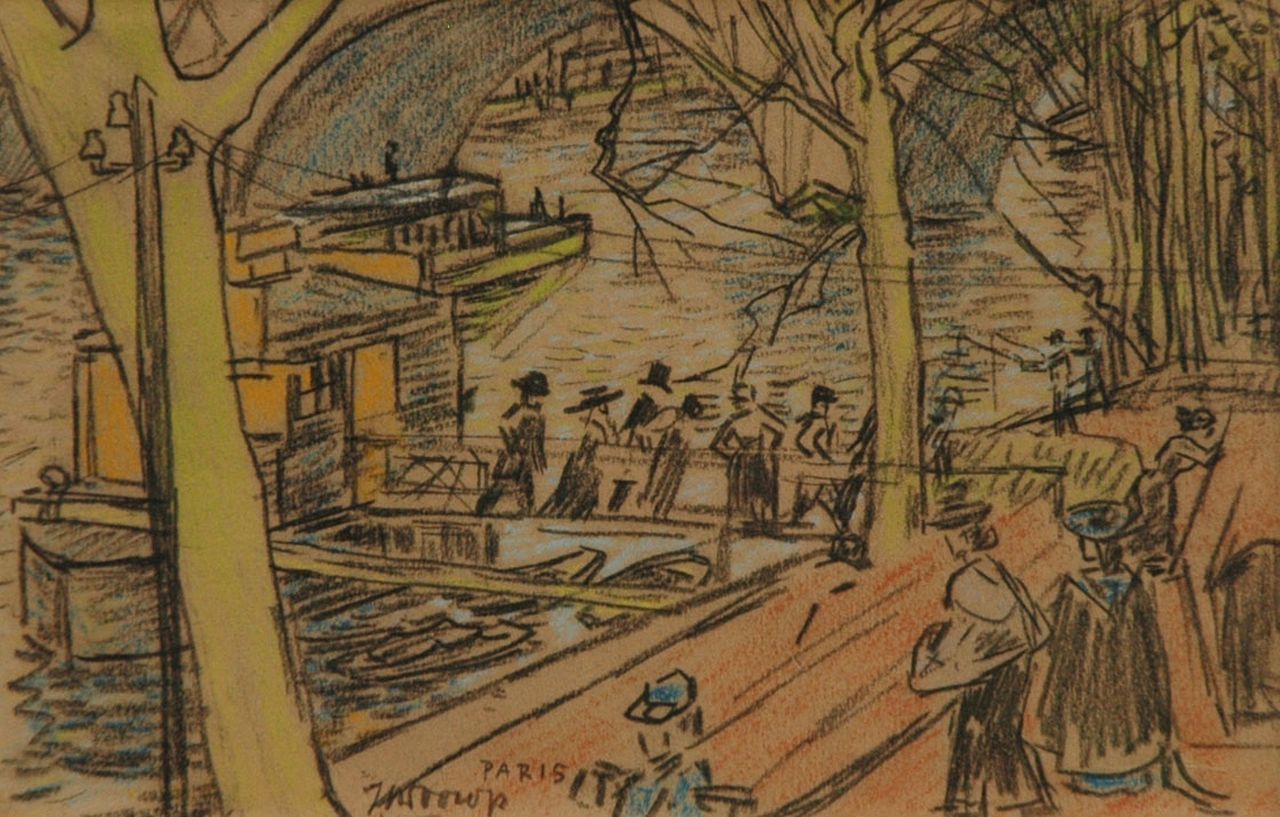 Toorop J.Th.  | Johannes Theodorus 'Jan' Toorop, Along the Seine, Paris, Bleistift und Farbkreide auf Papier 15,2 x 23,4 cm, signed l.l.c. und executed circa 1903