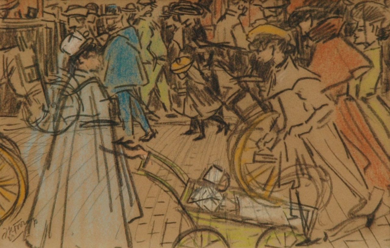 Toorop J.Th.  | Johannes Theodorus 'Jan' Toorop, Figures on a boulevard in Paris, Bleistift und Farbkreide auf Papier 15,1 x 23,2 cm, signed l.l. und executed circa 1903