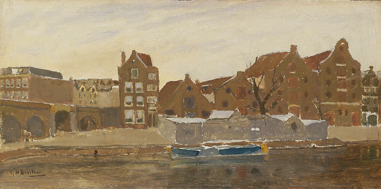 Breitner G.H.  | George Hendrik Breitner, The view from the painter’s studio on the Bickers island, Amsterdam, Ölfarbeskizze auf Holz 22,2 x 45,3 cm, signed l.l. und painted ca. 1902-1905