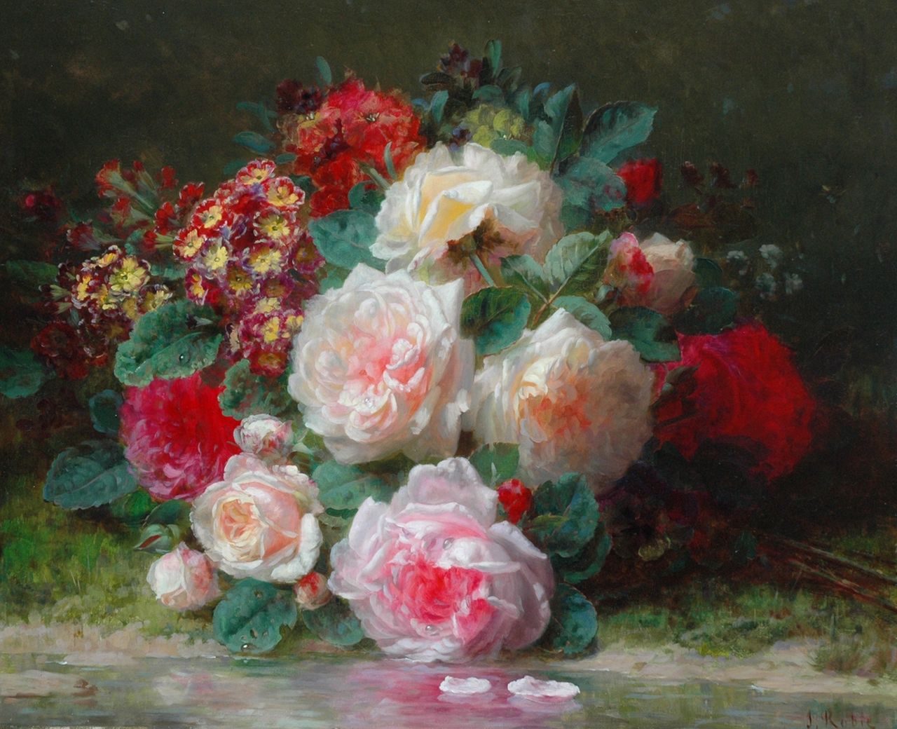 Robie J.B.  | Jean-Baptiste Robie, Flower stillife with roses and primroses, Öl auf Holz 39,8 x 48,1 cm, signed l.r.