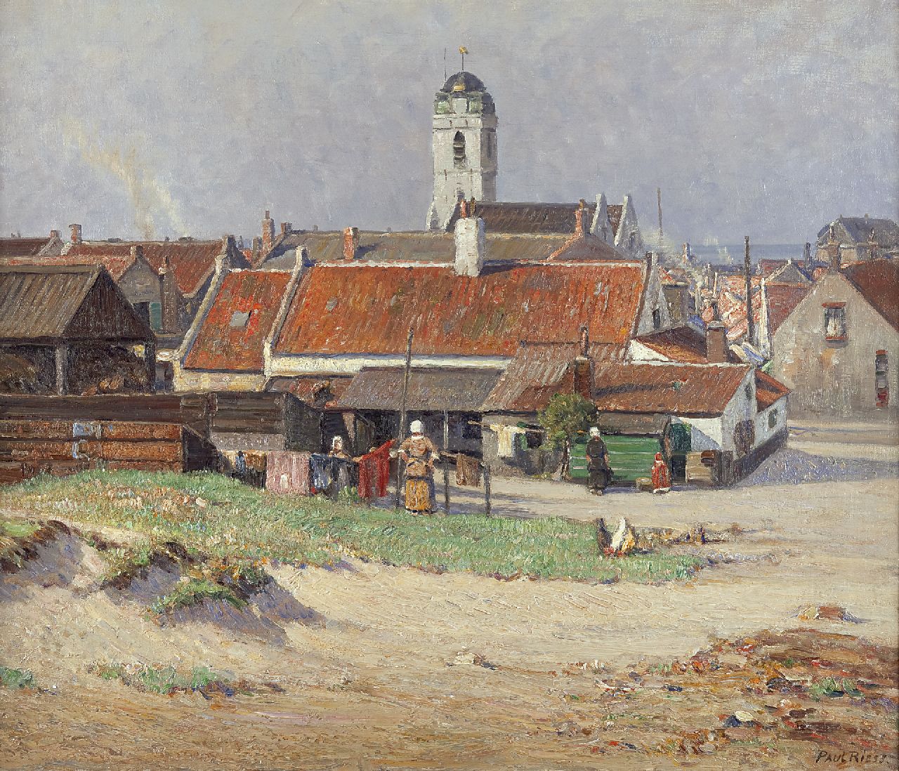 Riess P.  | Paul Riess, A View of Katwijk aan Zee with the Oude Kerk, Öl auf Leinwand 60,9 x 70,6 cm, signed l.r.