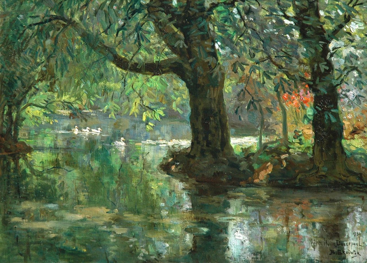Brouwer B.J.  | Berend Jan 'Barend' Brouwer, The pond of Huize Dorrepaal, Voorburg, Öl auf Leinwand 53,2 x 73,4 cm, signed l.r. und executed 1932