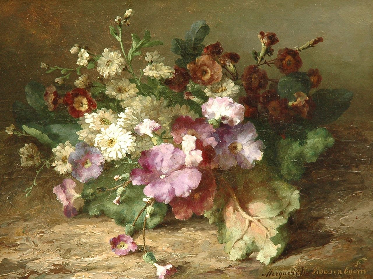 Roosenboom M.C.J.W.H.  | 'Margaretha' Cornelia Johanna Wilhelmina Henriëtta Roosenboom, A flower still life, Öl auf Papier auf Holz 25,0 x 33,1 cm, signed l.r.