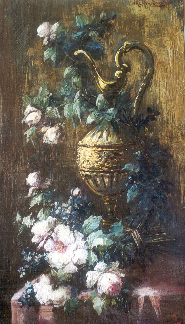 Michel Antoine Hendrickx | Stilleben mit Rosen und Zierkanne, Öl auf Holz, 27,1 x 15,1 cm, Unterzeichnet r.o.