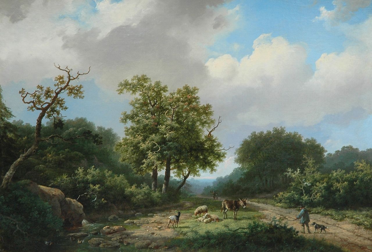 Koekkoek I M.A.  | Marinus Adrianus Koekkoek I, A wooded landscape with shepherd and cattle, Öl auf Leinwand 43,1 x 62,1 cm, signed l.r. und painted 1855