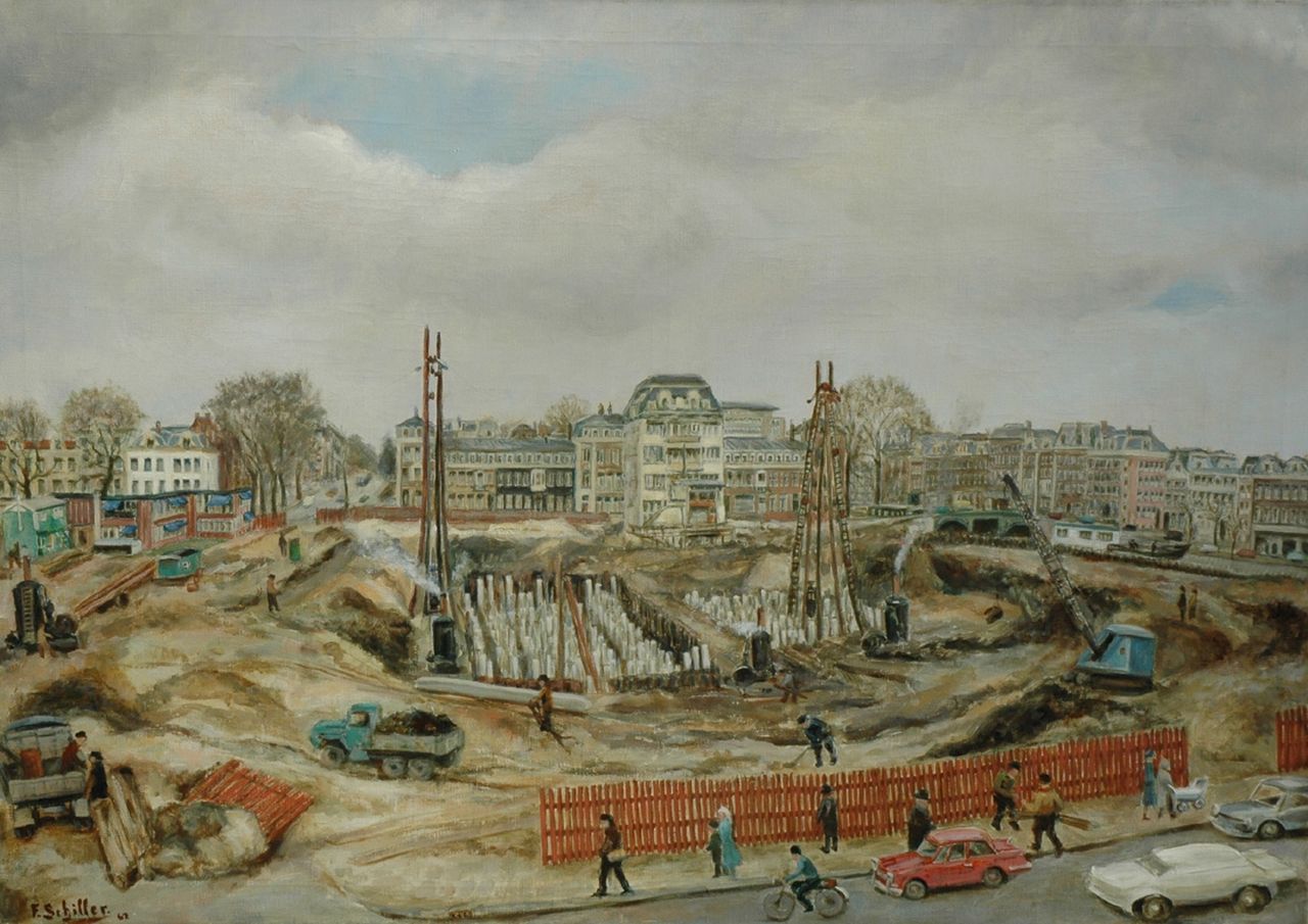 Schiller G.F.F.  | George Friedrich Ferdinand 'Frits' Schiller, The building site of the Nederlandse Bank, Frederiksplein, Amsterdam, Öl auf Leinwand 85,0 x 119,0 cm, signed l.l. und dated '62