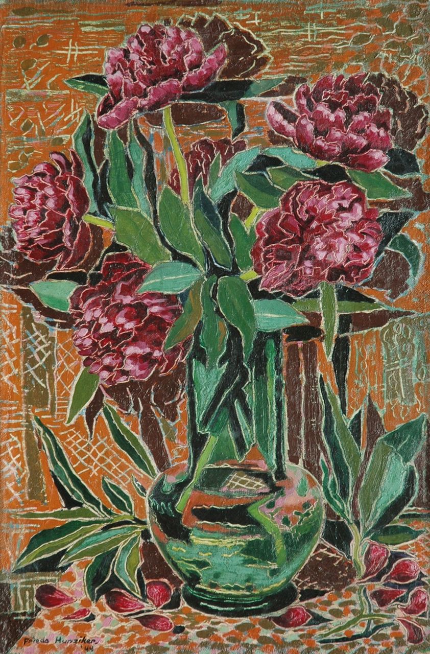 Hunziker F.  | Frieda Hunziker, Peonies, Öl auf Leinwand 60,2 x 40,4 cm, signed l.l. und dated '44