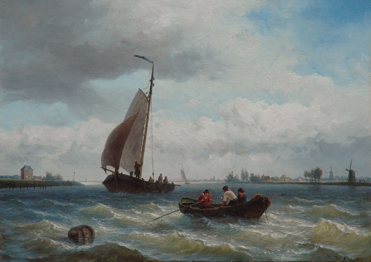 Gruijter jr. W.  | Willem Gruijter jr., A smack and a rowing boat near a harbour entrance, Öl auf Leinwand 40,6 x 57,1 cm, signed l.r.