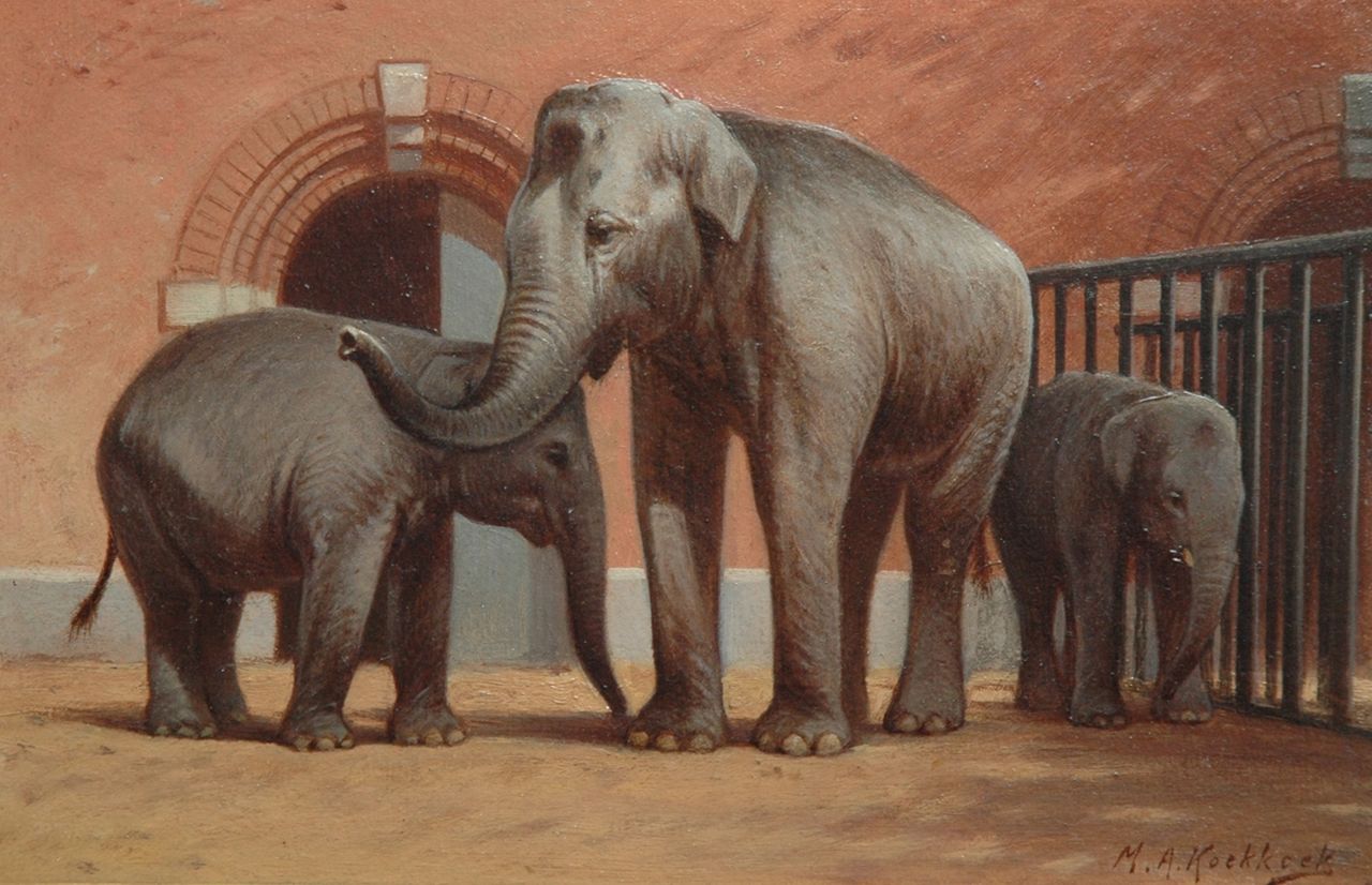 Koekkoek II M.A.  | Marinus Adrianus Koekkoek II, Elephants in the Amsterdam zoo, Öl auf Papier auf Holzfaser 16,6 x 25,4 cm, signed l.r.