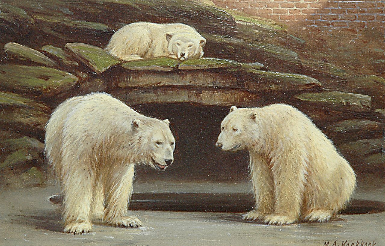Koekkoek II M.A.  | Marinus Adrianus Koekkoek II, Polarbären in Amsterdamer Zoo, Öl auf Papier auf Holzfaser 16,6 x 25,2 cm, Unterzeichnet r.u. und VERKOCHT