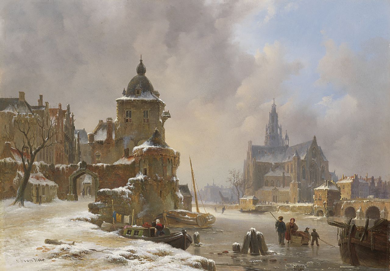 Hove B.J. van | Bartholomeus Johannes 'Bart' van Hove, Winterlandschaft mit zugefrorenem Fluss, Öl auf Holz 34,2 x 48,5 cm, Unterzeichnet l.u.