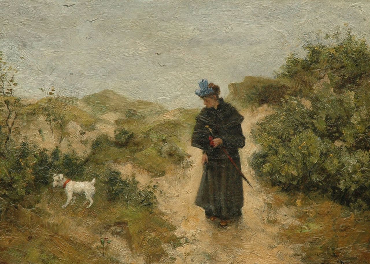 Ives Browne R.  | Robert Ives Browne, Walking the dog, Öl auf Leinwand  auf Holzfaser 31,7 x 44,0 cm, signed l.r.