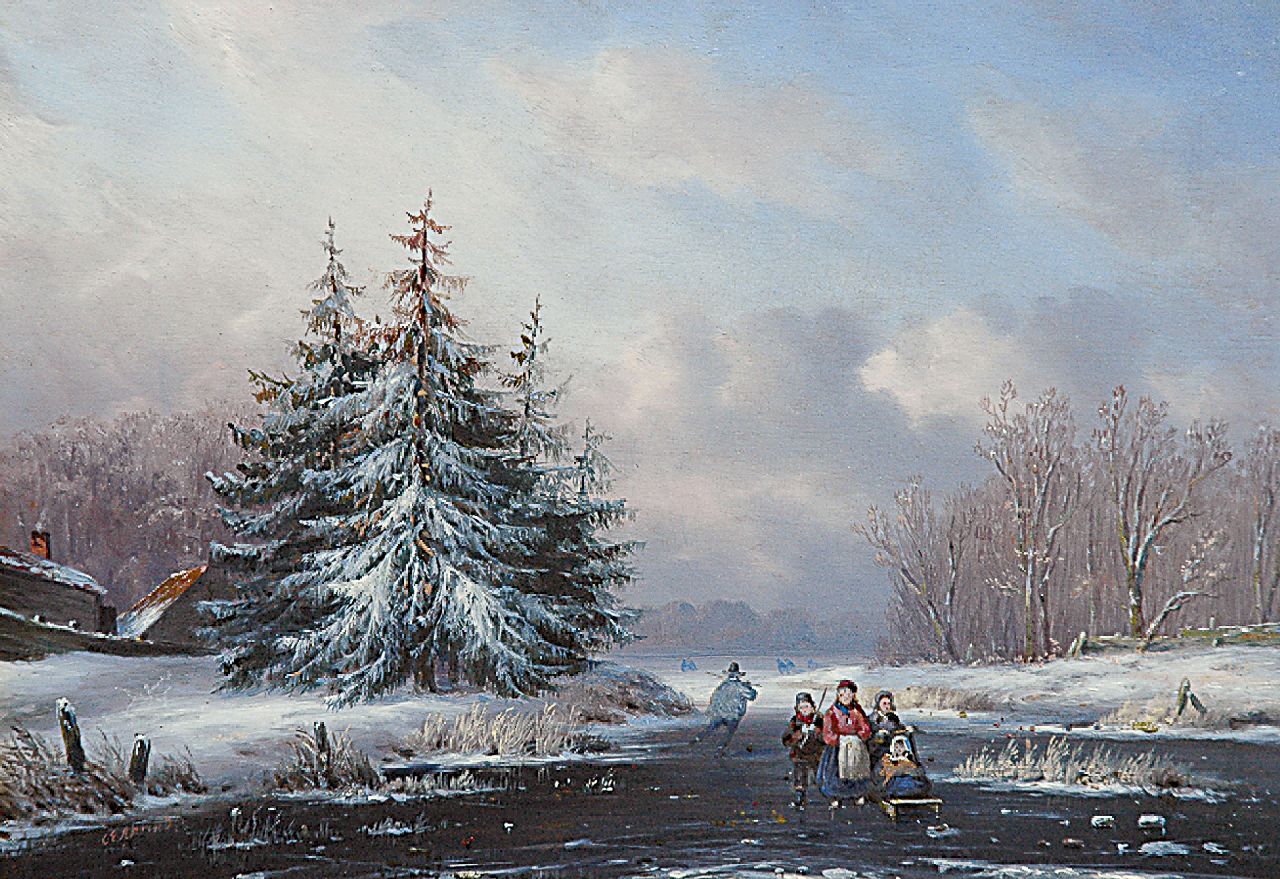 Ahrendts C.E.  | Carl Eduard Ahrendts, A snowy landscape with skaters and a sledge, Öl auf Holz 18,2 x 25,9 cm, signed l.l.