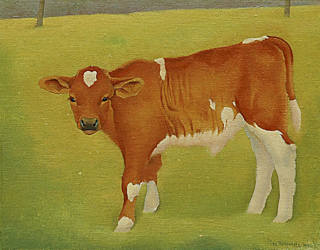 Wittenberg J.H.W.  | 'Jan' Hendrik Willem Wittenberg, A calf in a meadow, Öl auf Leinwand auf Holz 23,6 x 30,2 cm, signed l.r. und dated 1941