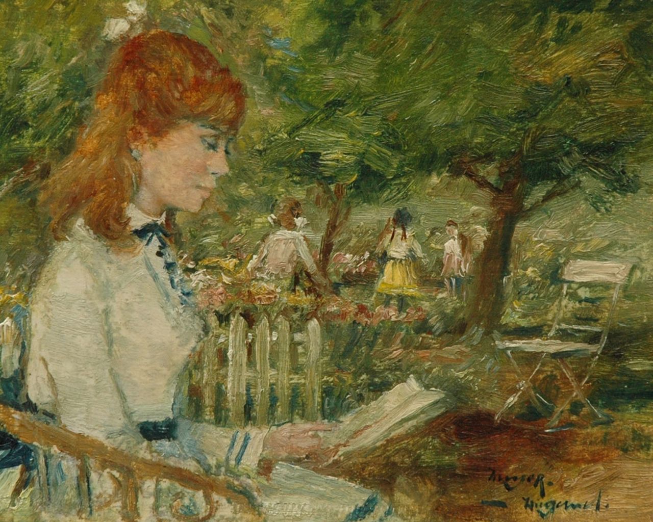 Meyer-Wiegand R.D.  | Rolf Dieter Meyer-Wiegand, Reading girl in a public garden, Öl auf Leinwand auf Holz 12,7 x 15,8 cm, signed l.r.