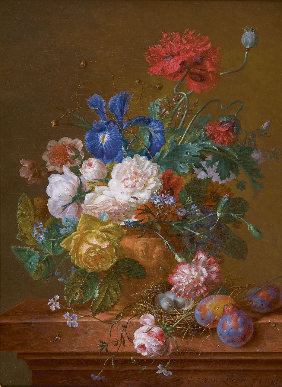 Leen W. van | Willem van Leen, A still life with flowers and a bird's nest, Öl auf Holz 56,9 x 41,6 cm, signed l.r. und dated 1819