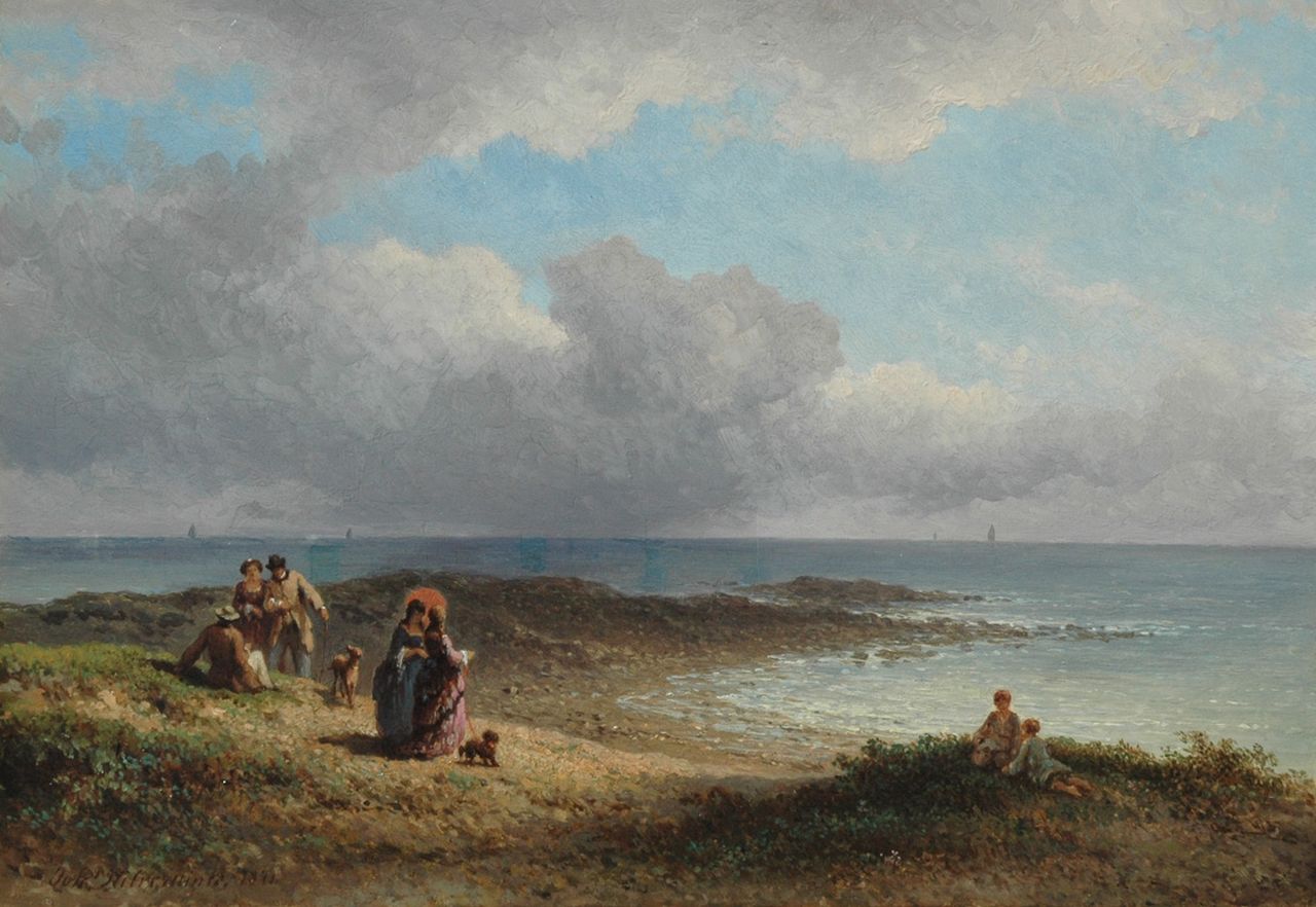 Hilverdink J.  | Johannes Hilverdink, Elegant figures at the French coast, Öl auf Holz 23,6 x 34,2 cm, signed l.l. und dated 1873