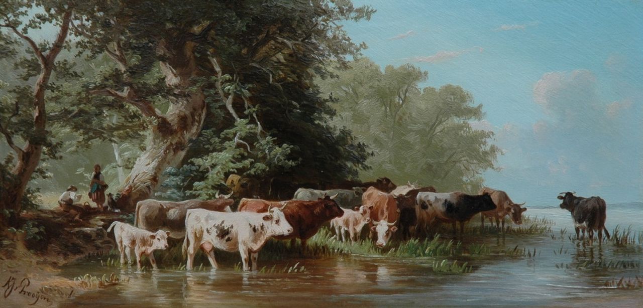 Prooijen A.J. van | Albert Jurardus van Prooijen, Shepherd and shepherdess with cattle, Öl auf Holz 16,1 x 33,0 cm, signed l.l.