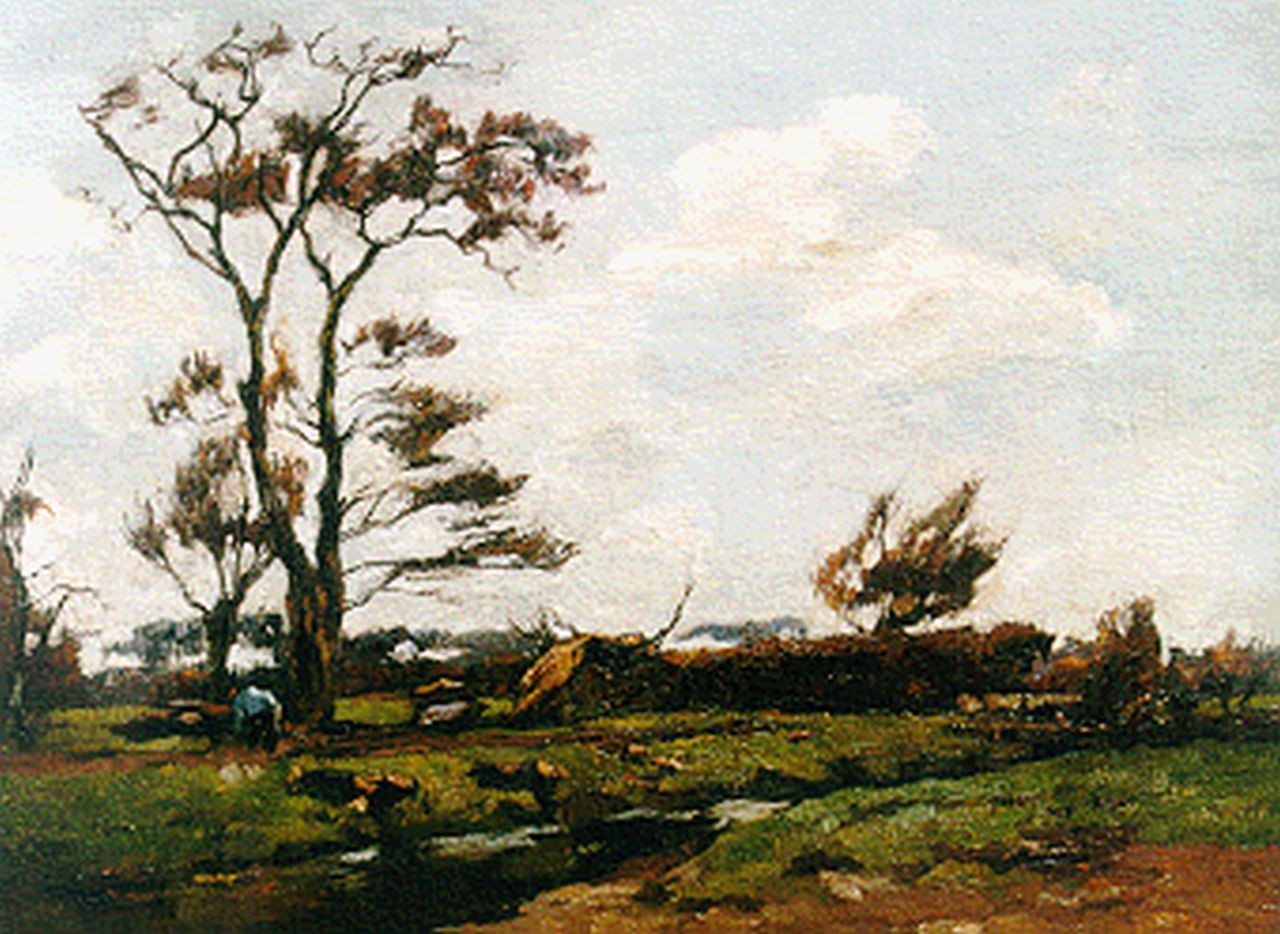 Zwart W.H.P.J. de | Wilhelmus Hendrikus Petrus Johannes 'Willem' de Zwart, A farmer in a landscape, Öl auf Leinwand 33,5 x 45,7 cm, signed l.r.
