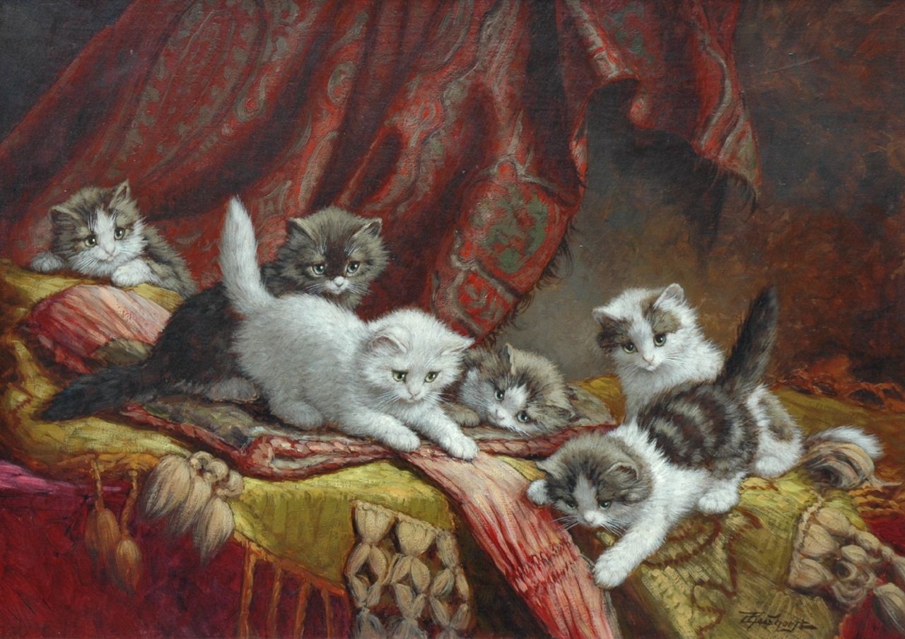 Raaphorst C.  | Cornelis Raaphorst, Six playing kittens on a pillow, Öl auf Leinwand 50,3 x 70,4 cm, signed l.r.