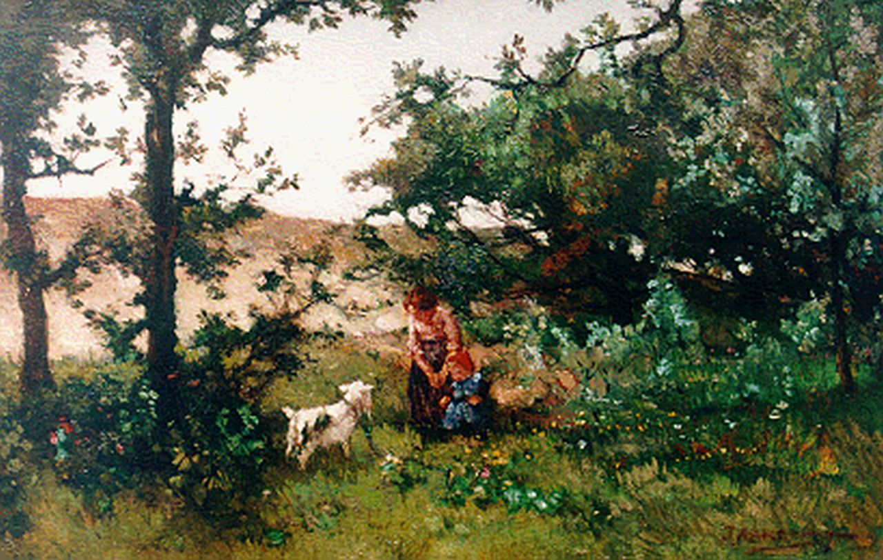 Akkeringa J.E.H.  | 'Johannes Evert' Hendrik Akkeringa, Feeding the goat in the dunes, Öl auf Leinwand 27,0 x 41,3 cm, signed l.r.