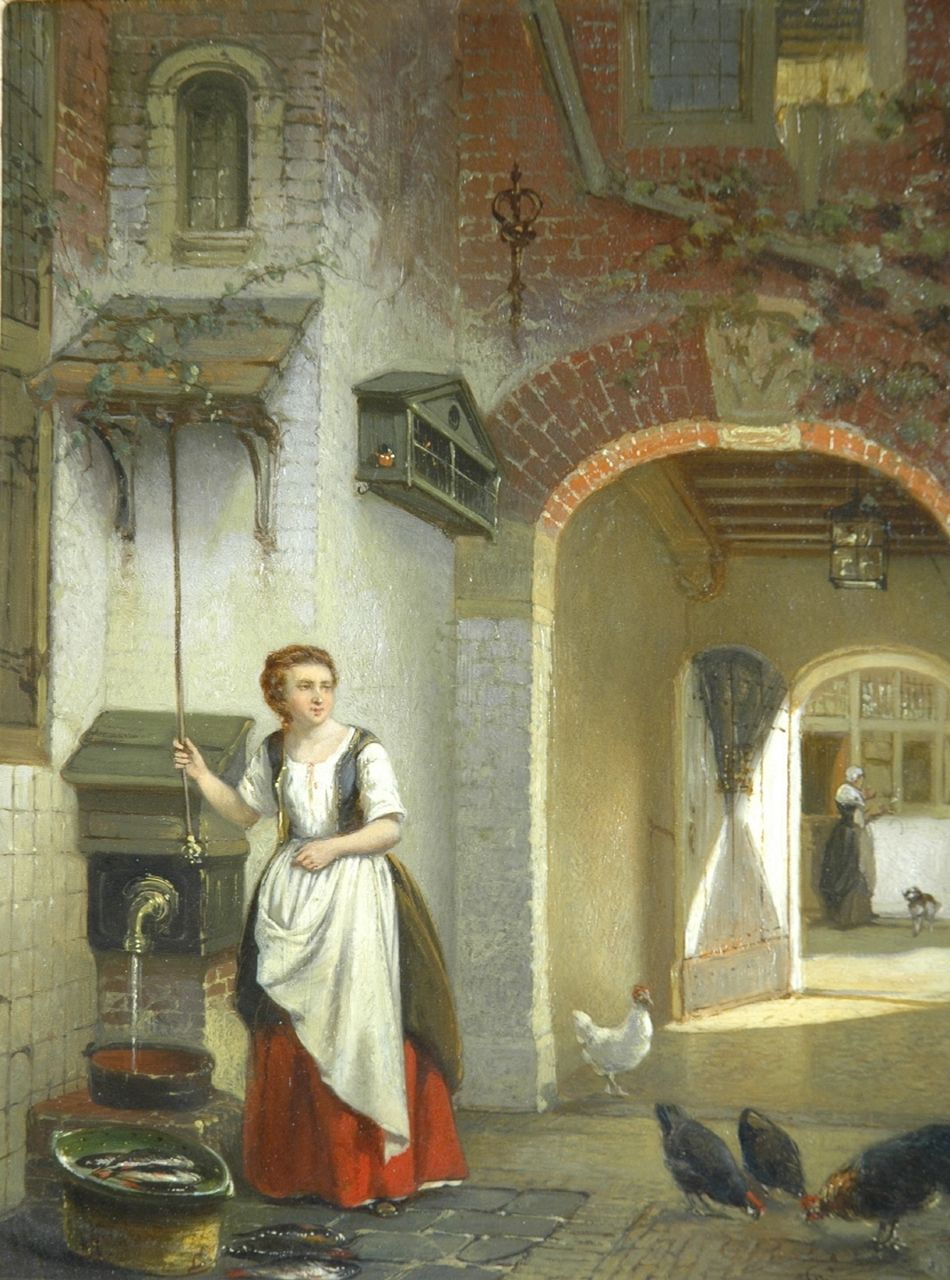 Stroebel J.A.B.  | Johannes Anthonie Balthasar Stroebel, A kitchen-maid by a well, Öl auf Holz 26,1 x 20,4 cm, signed l.r.