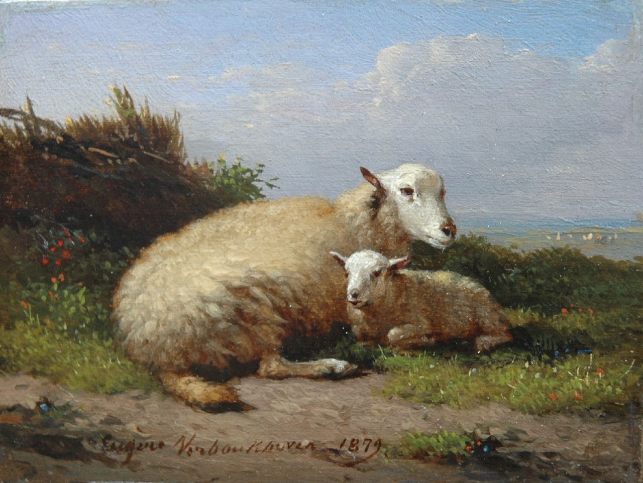 Verboeckhoven E.J.  | Eugène Joseph Verboeckhoven, A sheep with its lamb, Öl auf Holz 6,9 x 9,2 cm, signed l.c. und painted 1879