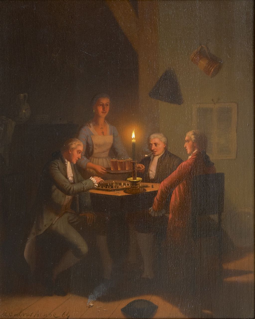 Johan Mengels Culverhouse | Schachspieler bei Kerzenlicht, Öl auf Holz, 26,8 x 21,3 cm, Unterzeichnet l.u. und datiert '64