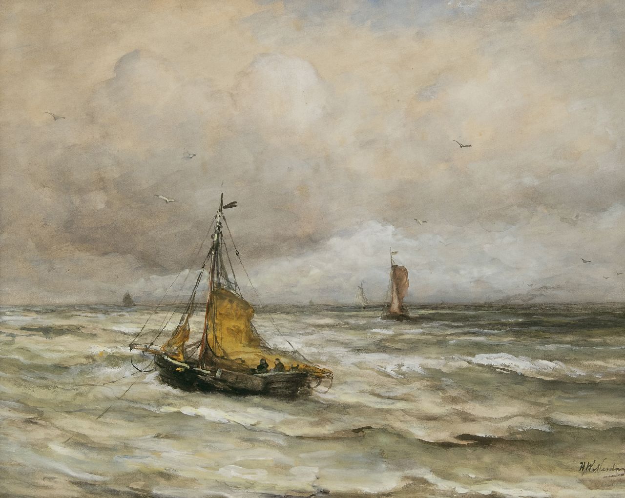 Mesdag H.W.  | Hendrik Willem Mesdag, Vor Anker in der Brandung, Aquarell und Gouache auf Papier 44,5 x 55,4 cm, Unterzeichnet u.r.