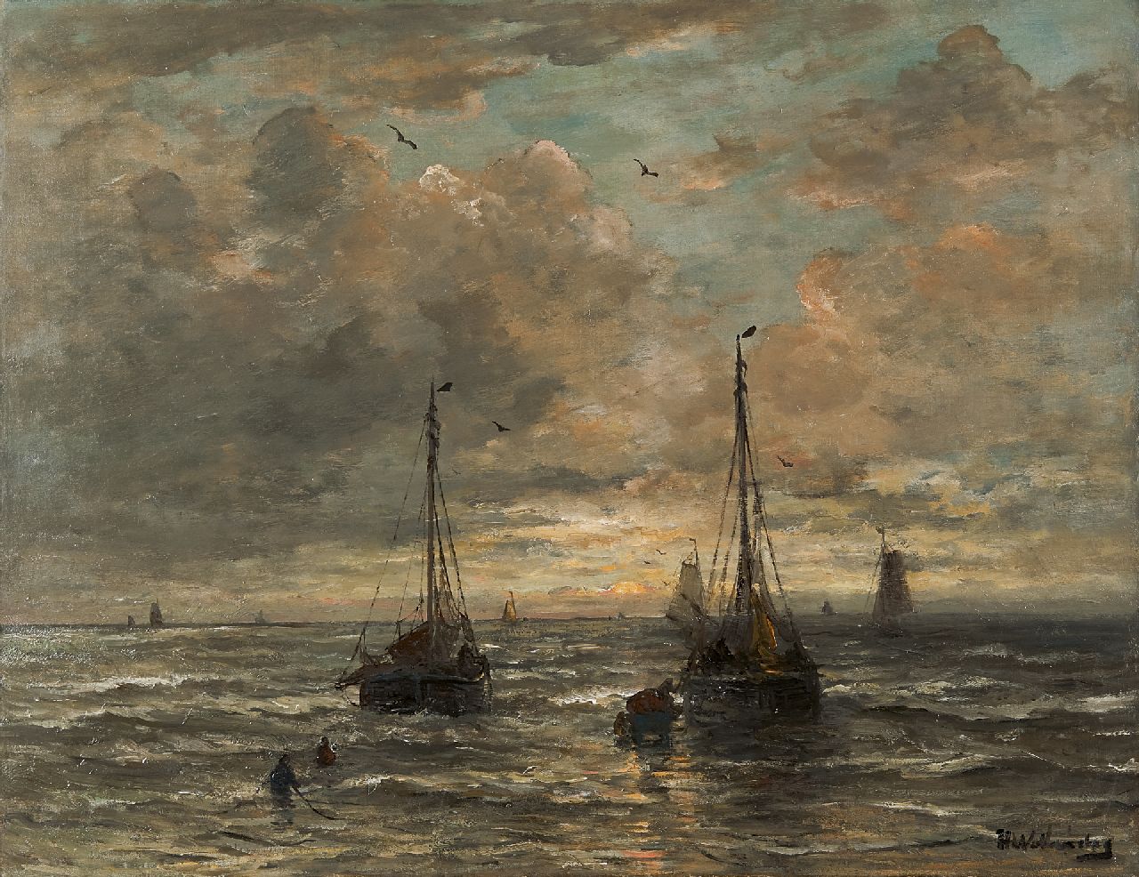 Mesdag H.W.  | Hendrik Willem Mesdag, Return of the fishing fleet, Scheveningen, Öl auf Leinwand 69,0 x 88,2 cm, signed l.r.
