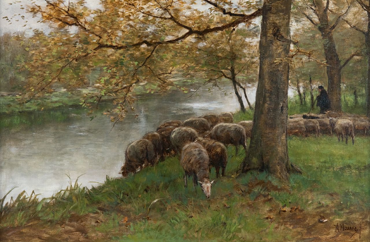 Mauve A.  | Anthonij 'Anton' Mauve, Trinkende Schafe am Fluss, Öl auf Leinwand 60,5 x 90,2 cm, Unterzeichnet r.u. und zu datieren um 1870