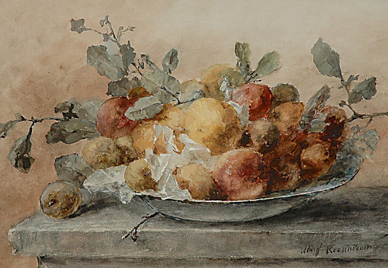 Roosenboom M.C.J.W.H.  | 'Margaretha' Cornelia Johanna Wilhelmina Henriëtta Roosenboom, A still life with fruit and twigs on a plate, Aquarell und Gouache auf Papier 46,6 x 66,3 cm, signed l.r.