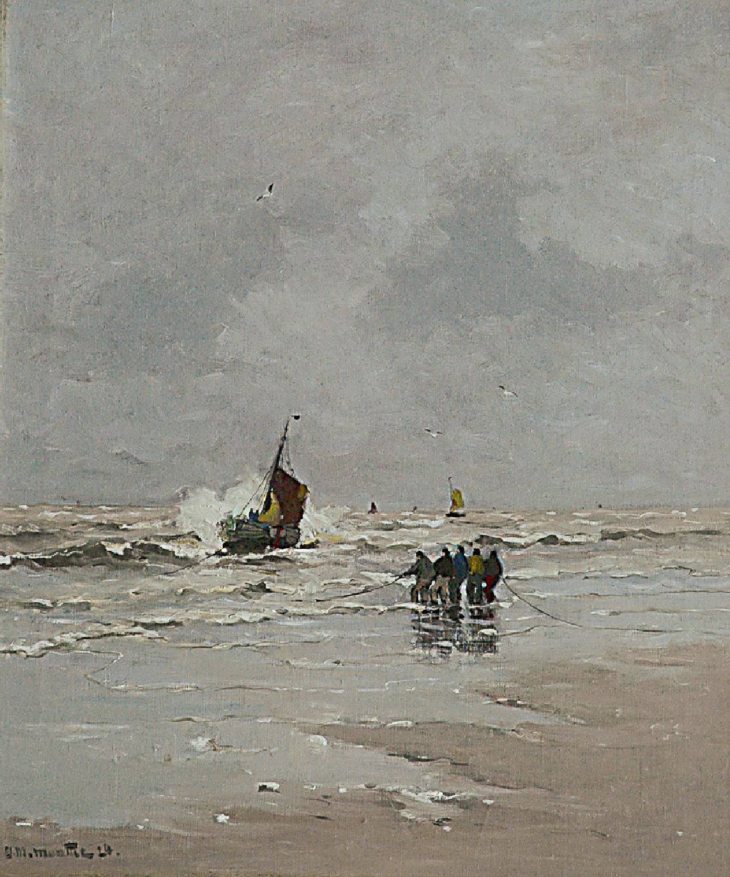 Munthe G.A.L.  | Gerhard Arij Ludwig 'Morgenstjerne' Munthe, Fishermen in the surf, Öl auf Leinwand 60,3 x 51,3 cm, signed l.l. und dated '24