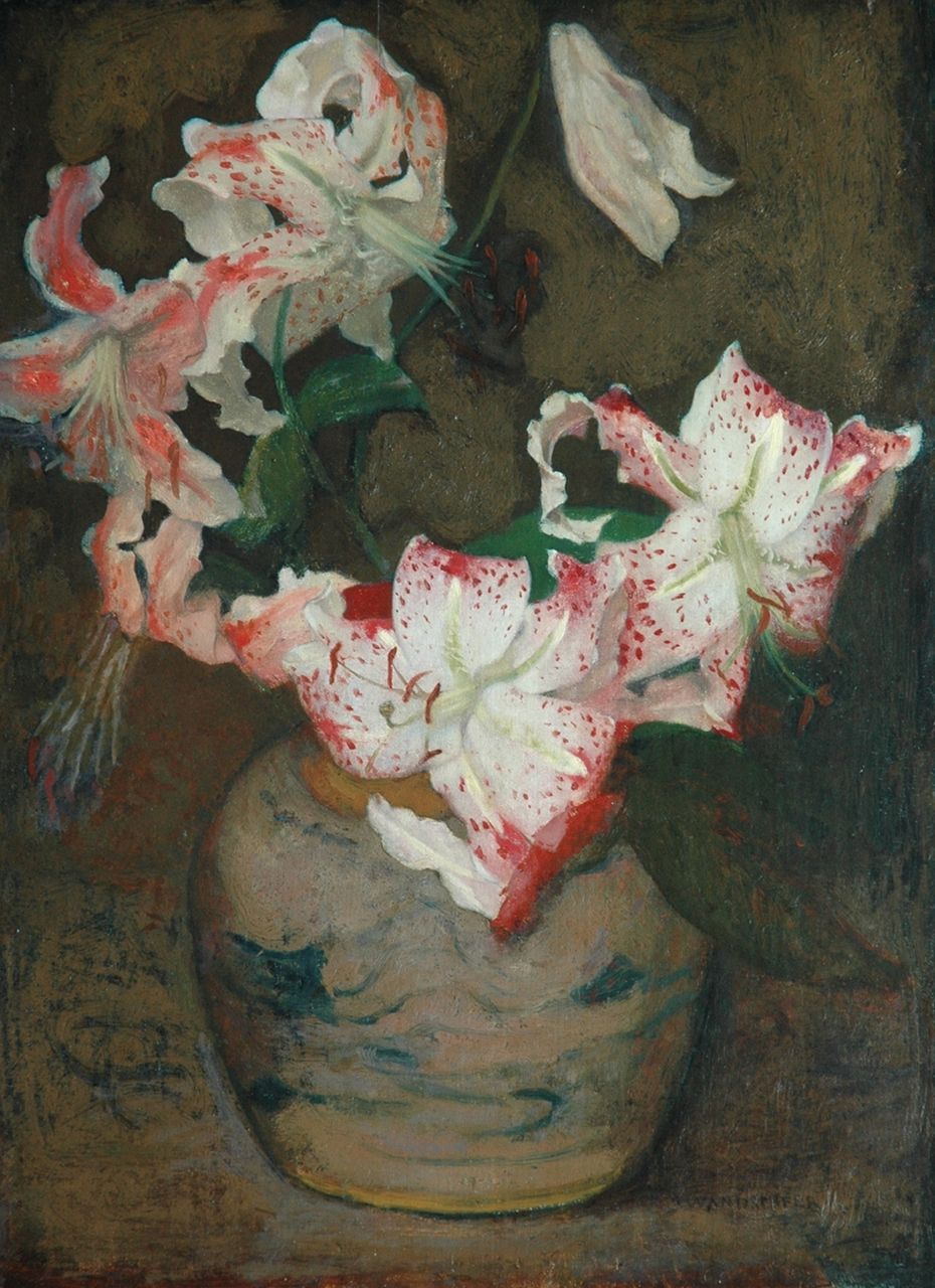 Wandscheer M.W.  | Maria Wilhelmina 'Marie' Wandscheer, Blumenstilleben mit Tigerblumen, Öl auf Holz 41,2 x 30,4 cm, Unterzeichnet r.u.