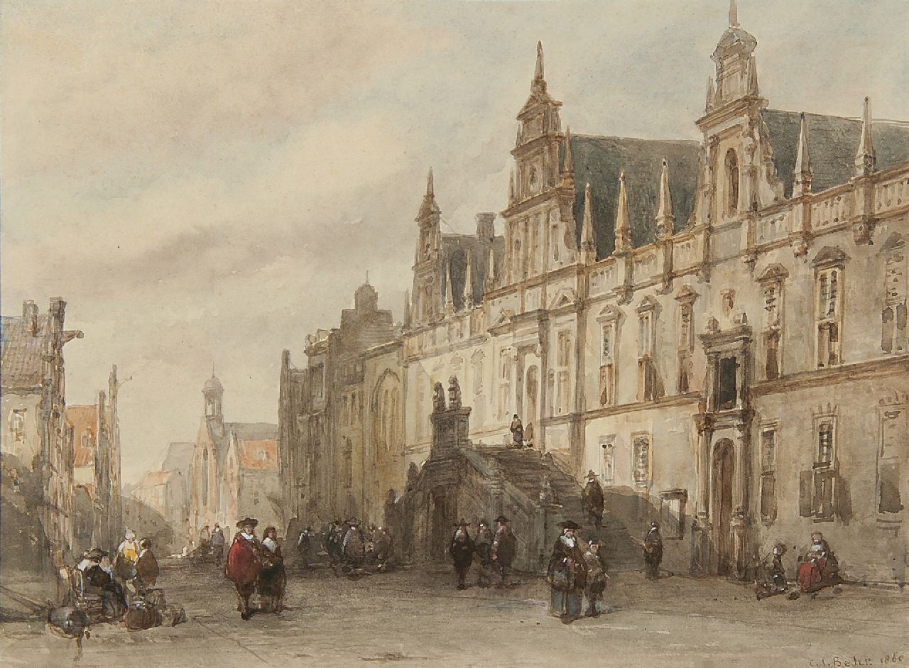 Behr C.J.  | Carel Jacobus Behr | Aquarelle und Zeichnungen zum Verkauf angeboten | Anblick auf das Rathaus von Leiden, Aquarell auf Papier 24,0 x 31,7 cm, Unterzeichnet r.u. und datiert 1860