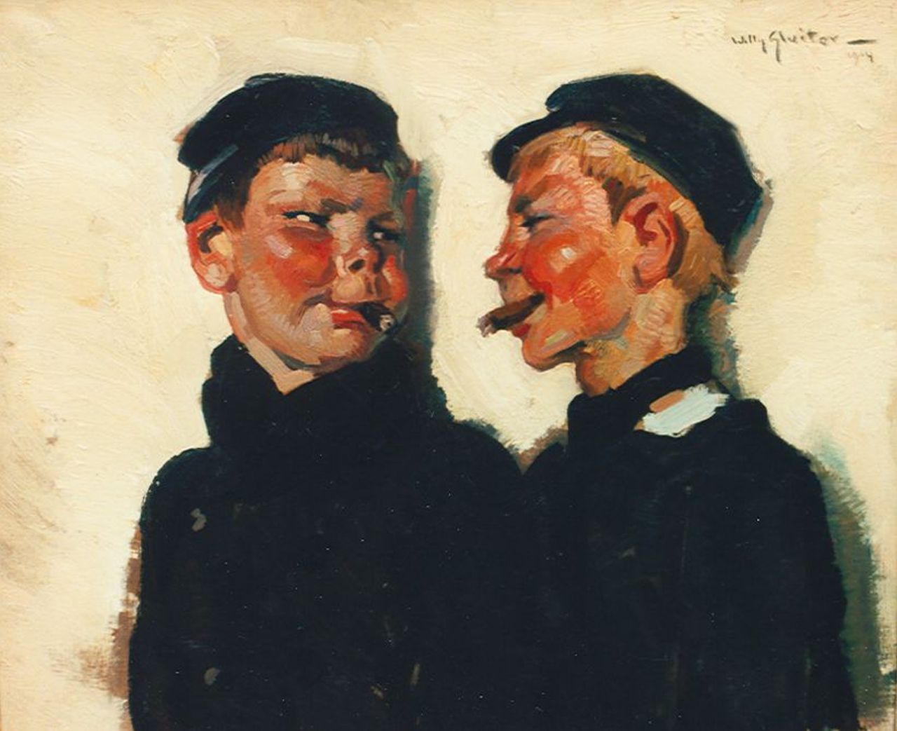 Sluiter J.W.  | Jan Willem 'Willy' Sluiter, Boys smoking cigars, Öl auf Leinwand auf Holz 39,6 x 46,7 cm, signed u.r. und dated 1914