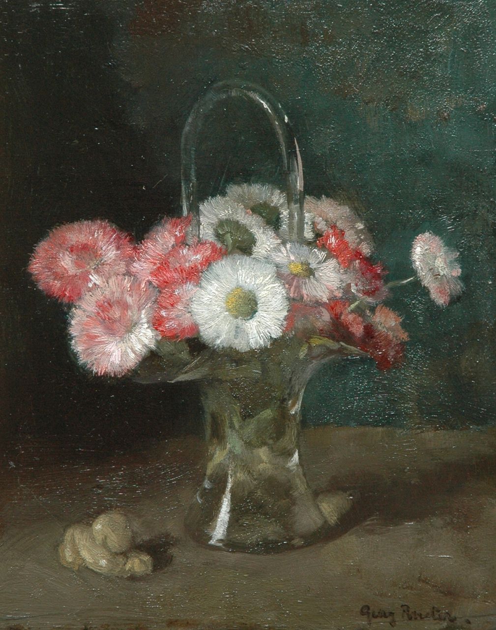 Rueter W.C.G.  | Wilhelm Christian 'Georg' Rueter, Flowers in a glass vase, Öl auf Holz 23,6 x 19,5 cm, signed l.r.