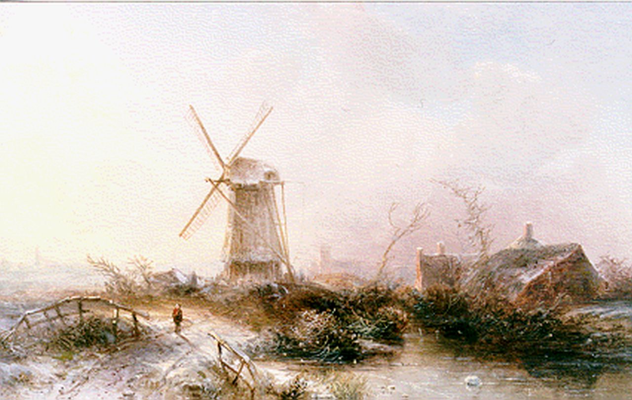 Kluyver P.L.F.  | 'Pieter' Lodewijk Francisco Kluyver, A winter landscape with windmill, Öl auf Holz 24,1 x 35,8 cm, signed l.l.